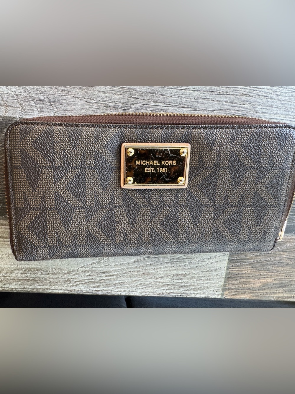 Michael Kors Brown and Gold Logo Plaque Women Large Wallet